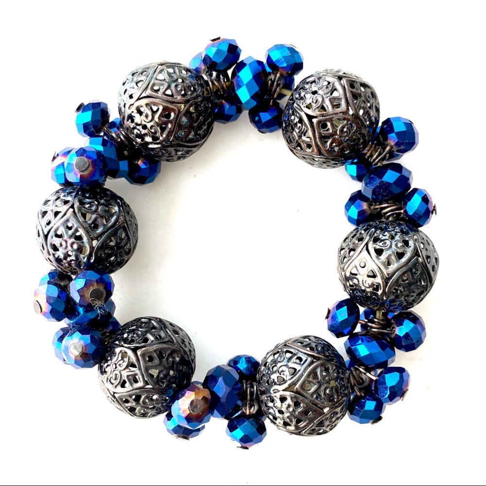 Stretch Blue Metallic Bead Filigree Metal Bracelet